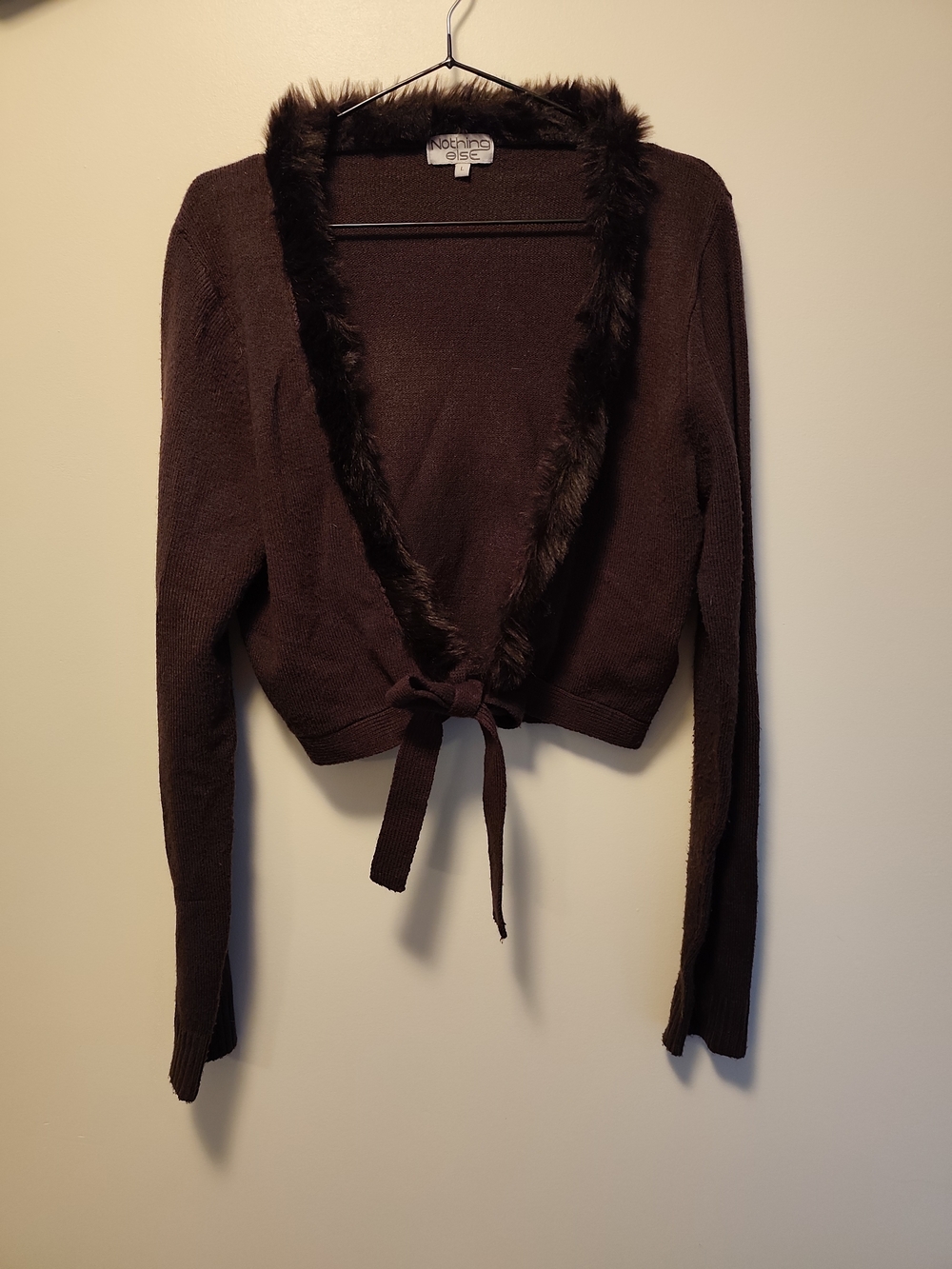 Women's Brown Faux-Fur Trim Tie-Waist Cardigan Y2K | Whimsical | Fairycore | L
